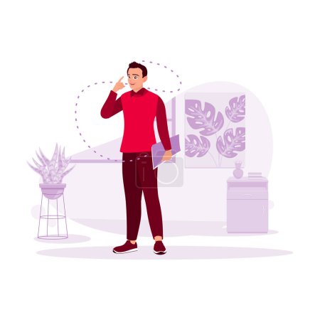 Illustration for Adult man, standing and holding a book in hand, pointing his head with the index finger, in an office. Trend Modern vector flat illustration. - Royalty Free Image