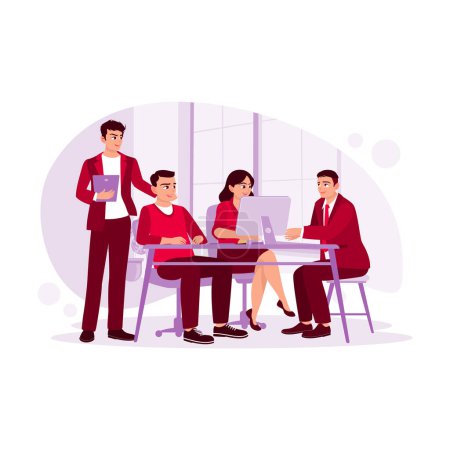 Illustration for Group of young workers discussing at work about the business project. Trend Modern vector flat illustration. - Royalty Free Image