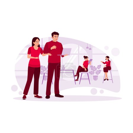 Illustration for Two male and female co-workers are in an office, discussing a work project via a laptop, and there are two female colleagues sitting and chatting. Trend Modern vector flat illustration. - Royalty Free Image