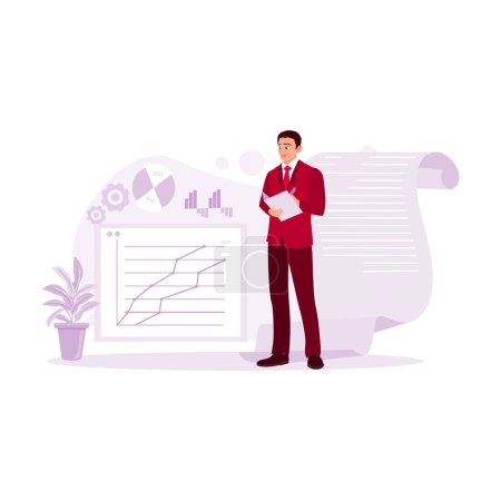 Illustration for Young financial analysis worker, holding a book and pencil in hand, analyzing increasing market charts. Trend Modern vector flat illustration. - Royalty Free Image
