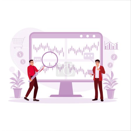 Illustration for Two young business people work together in the office, discussing and checking stock prices. Trend Modern vector flat illustration. - Royalty Free Image