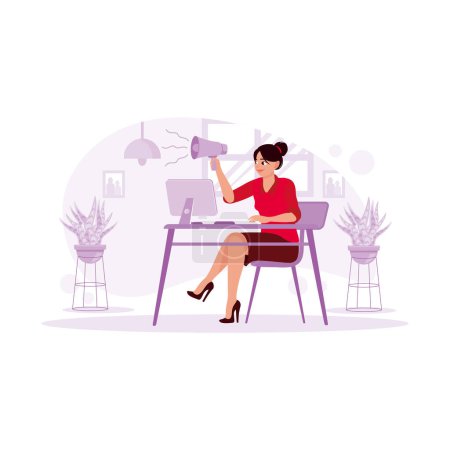 Illustration for Female secretary, working excitedly at the office desk, talking excitedly over the loudspeaker. Trend Modern vector flat illustration. - Royalty Free Image