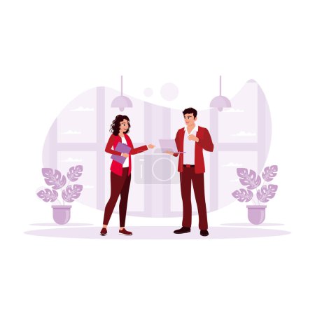 Illustration for Two office colleagues are standing and discussing business projects with laptops in their hands. Trend Modern vector flat illustration. - Royalty Free Image