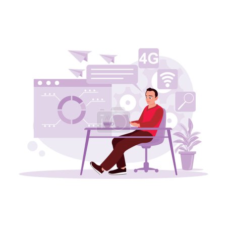 Illustration for Freelancer busy working on laptop, sending data via 4G internet. Trend Modern vector flat illustration. - Royalty Free Image