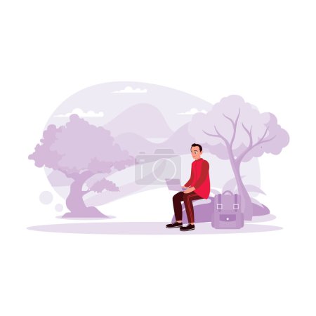 Illustration for The young male traveller opens a laptop with a beautiful mountain view. Trend Modern vector flat illustration. - Royalty Free Image