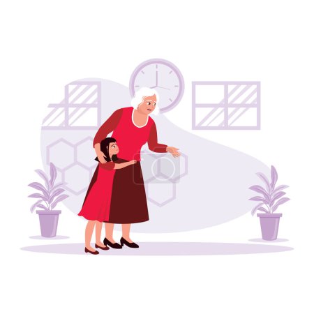 Illustration for Happy moments of grandma and granddaughter spending time together and warm hugs from granddaughter to grandma. Trend Modern vector flat illustration. - Royalty Free Image