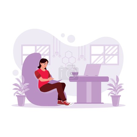 Illustration for Female freelancer, working casually in the cafe, taking notes with a laptop and hot coffee. Trend Modern vector flat illustration. - Royalty Free Image