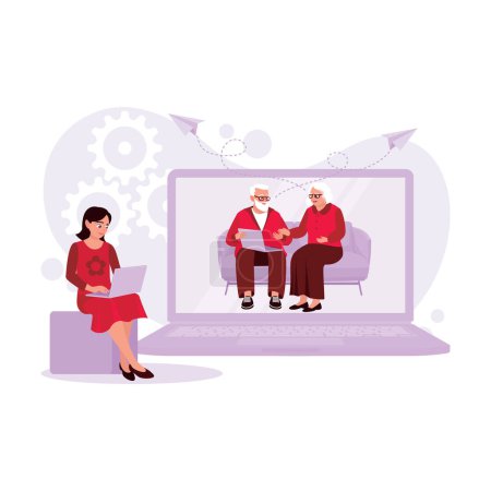Ilustración de La mujer está sentada en el sofá, haciendo videollamadas con sus abuelos para ponerse al día con su nostalgia, utilizando un ordenador portátil y una conexión a Internet. Tendencia Moderno vector ilustración plana. - Imagen libre de derechos