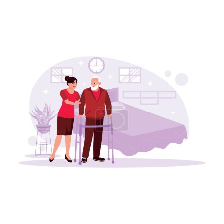 Illustration for Portrait of an elderly patient assisted by a nurse to walk and use a walker. Trend Modern vector flat illustration. - Royalty Free Image