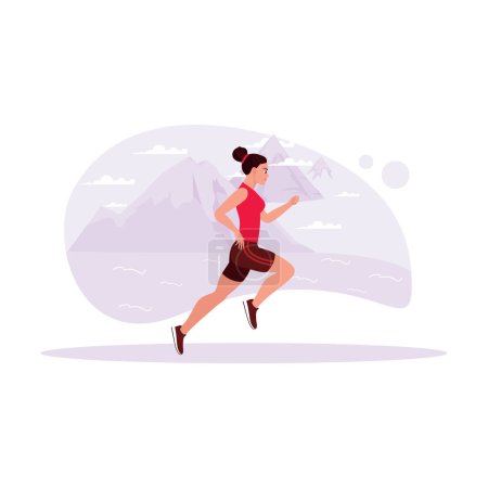 Illustration for Female sprint athlete running at top speed on a desert track. Trend Modern vector flat illustration. - Royalty Free Image
