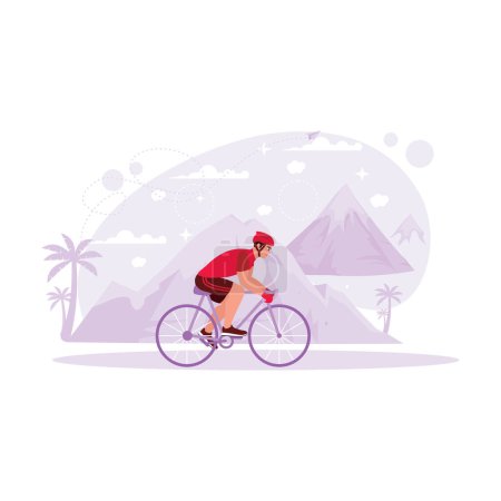Illustration for Portrait of an athlete cyclist on a track with a mountain view, pedalling a bicycle at high speed in a cycling competition. Trend Modern vector flat illustration. - Royalty Free Image
