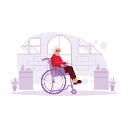 Illustration for Portrait of an older woman sitting in a wheelchair in a house happily. Trend Modern vector flat illustration. - Royalty Free Image