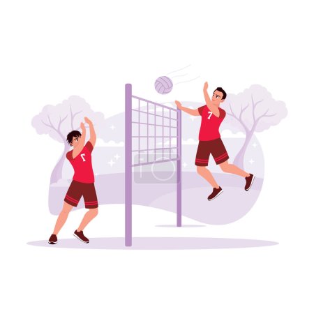 Ilustración de Dos jugadores de voleibol estaban jugando profesionalmente en un juego. Tendencia Moderno vector ilustración plana. - Imagen libre de derechos