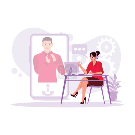 Illustration for The young female student in a study room was doing an online course with a private tutor, listening intently through headphones. Trend Modern vector flat illustration. - Royalty Free Image