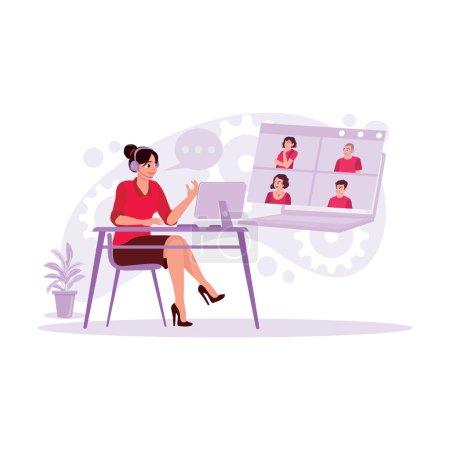 Téléchargez les illustrations : Les jeunes femmes d'affaires ont des réunions en ligne avec leurs collègues du bureau. Tendance Illustration plate vectorielle moderne. - en licence libre de droit