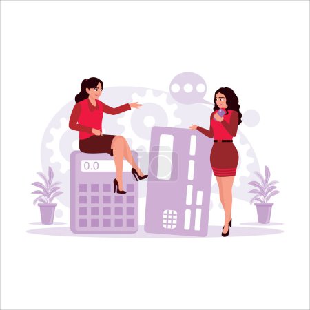Illustration for Two women are discussing credit cards on a calculator. Trend Modern vector flat illustration. - Royalty Free Image