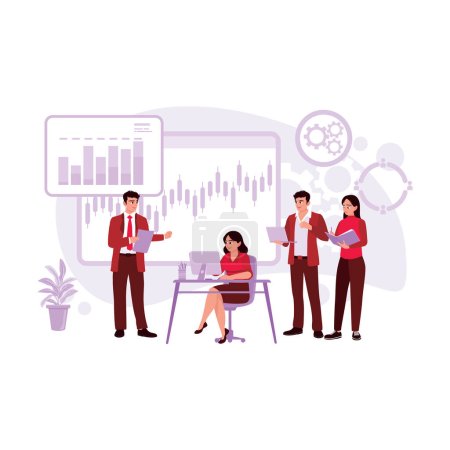 Illustration for Teammates gathered in the office, discussing rising charts and business projects. Trend Modern vector flat illustration. - Royalty Free Image