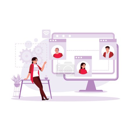 Illustration for Young businesswomen are doing business conferences online. Done at home using laptops, computers and tablets connected to the internet. Trend Modern vector flat illustration. - Royalty Free Image