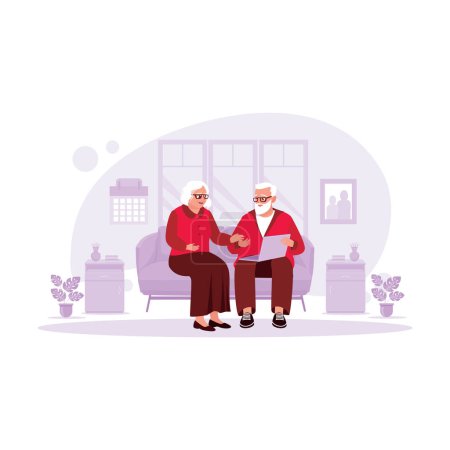 Illustration for Elderly couple sitting in the living room, watching and enjoying funny memories videos via laptop. Trend Modern vector flat illustration. - Royalty Free Image