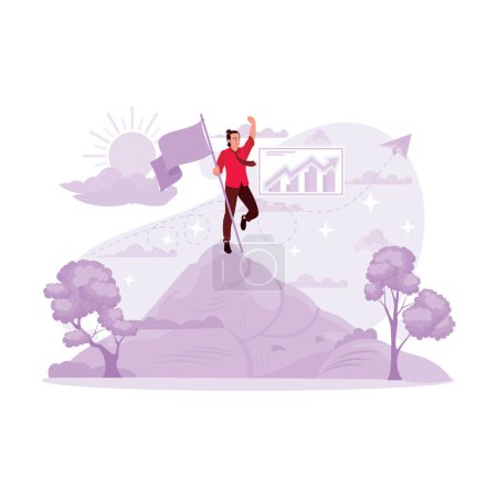 Illustration for Concept of achievement, victory, success. Depicted with a man holding a flag and standing on a mountain illuminated by the sun. Trend Modern vector flat illustration. - Royalty Free Image