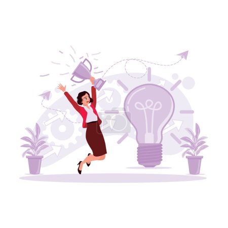 Illustration for Businesswoman, jumping and holding a trophy in her hands, cheering and celebrating the success of her creative idea. Trend Modern vector flat illustration. - Royalty Free Image
