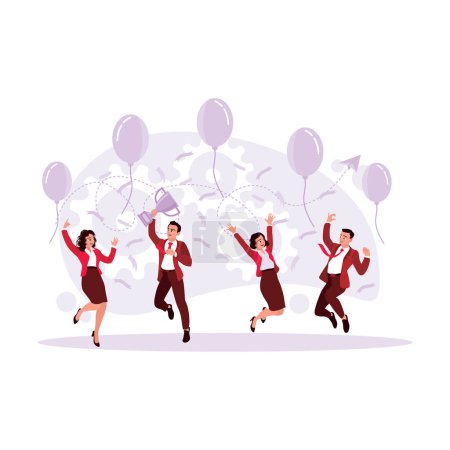 Illustration for Portrait of a happy businessman and employee celebrating the success of the successful project. The happy concept with the trophy in hand and a balloon in the air. Business motivation and teamwork. Trend Modern vector flat illustration. - Royalty Free Image