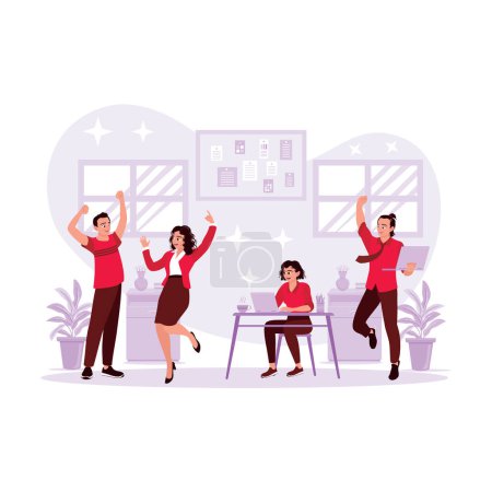 Illustration for The creative business team celebrates successful project success in the office. Concept of teamwork, communication and collaboration. Trend Modern vector flat illustration. - Royalty Free Image