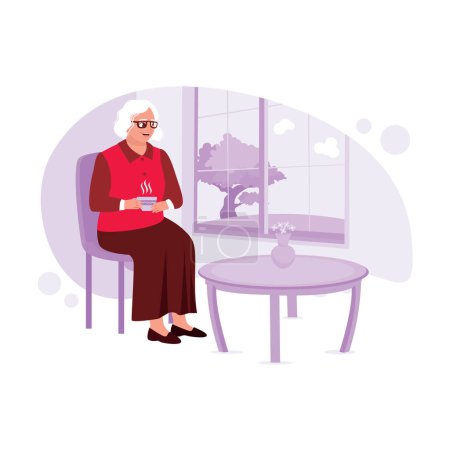Ilustración de Una mujer mayor con gafas se sienta tranquilamente junto a la ventana, bebiendo té caliente. Tendencia Moderno vector ilustración plana. - Imagen libre de derechos