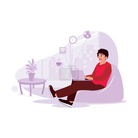 Ilustración de Freelancer masculino sentado casualmente en el sofá, analizando datos a través de un ordenador portátil con conexión wifi a Internet 4G. Tendencia Moderno vector ilustración plana. - Imagen libre de derechos