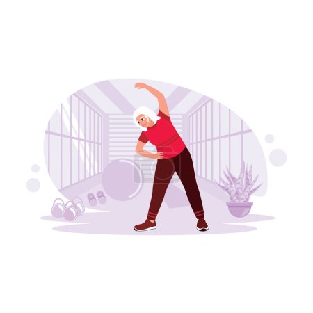 Illustration for Older women care for their health by stretching exercises in the sports club. Trend Modern vector flat illustration. - Royalty Free Image