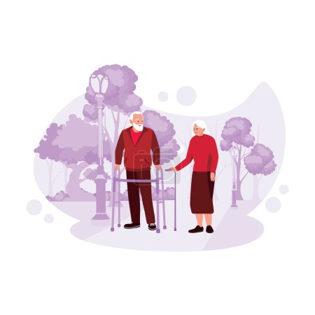 Téléchargez les illustrations : Portrait d'un heureux couple de personnes âgées bavardant et marchant ensemble dans le parc à l'aide d'un marcheur. Tendance Illustration plate vectorielle moderne. - en licence libre de droit