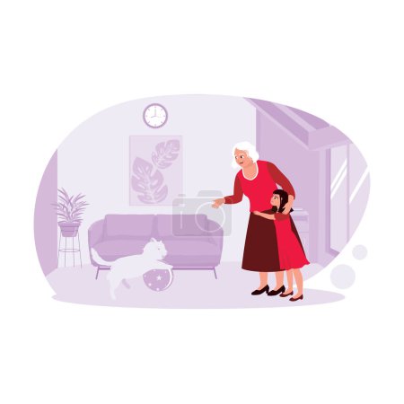 Illustration for Happy moments of grandchildren hugging grandmother spending time together, and playing with cats in the living room. Trend Modern vector flat illustration. - Royalty Free Image