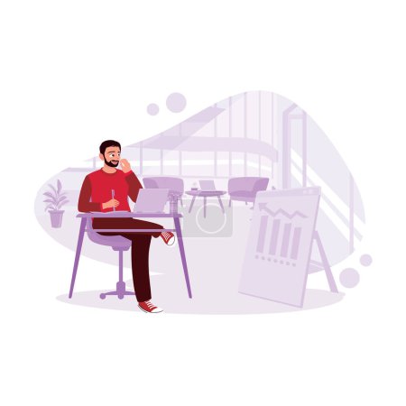 Illustration for Bearded male freelancer, sitting in a cafe, working on business graphs on a laptop. Trend Modern vector flat illustration. - Royalty Free Image