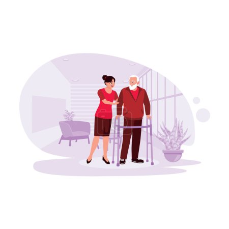 Illustration for Portrait of a young nurse helping an old male patient learn to walk using a walker. Trend Modern vector flat illustration. - Royalty Free Image