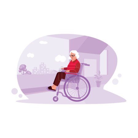 Téléchargez les illustrations : Portrait d'une femme âgée portant des lunettes, assise dans un fauteuil roulant, regardant par la fenêtre et souriant joyeusement avec une aura positive. Tendance Illustration plate vectorielle moderne. - en licence libre de droit