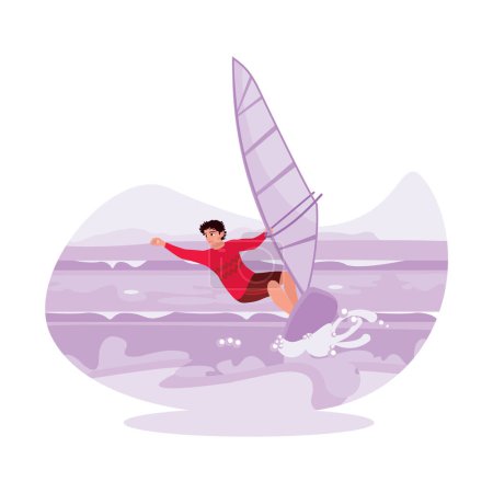 Téléchargez les illustrations : Jeune surfeur masculin en action sur le surf, conquérant les vagues dans l'océan avec des vents forts. Tendance Illustration plate vectorielle moderne. - en licence libre de droit