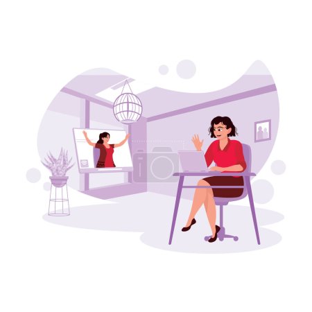 Illustration for Female students sitting on chairs and having video meetings via laptops, talking happily while waving hands. Trend Modern vector flat illustration. - Royalty Free Image