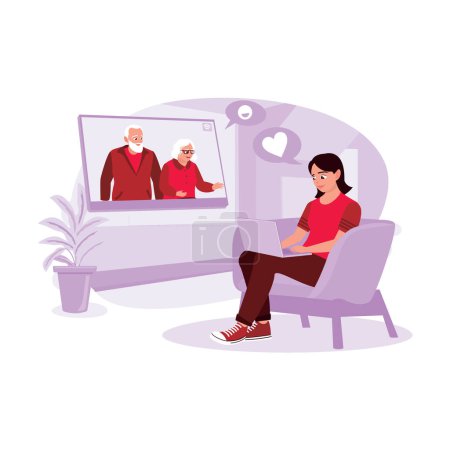 Illustration for Portrait of a young girl sitting on the couch making video calls with her grandparents on her laptop, talking and letting go. Trend Modern vector flat illustration. - Royalty Free Image