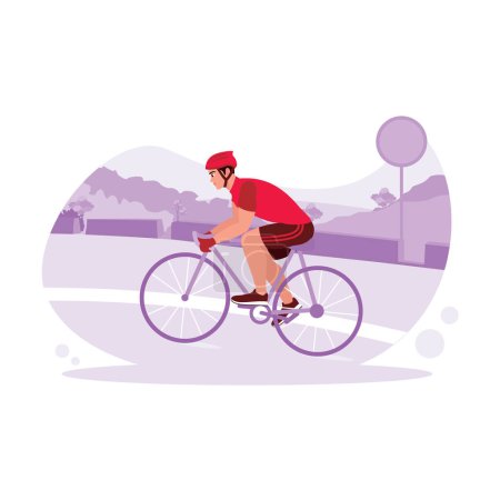 Illustration for Male cyclist riding his bicycle at high speed in a bicycle competition. Trend Modern vector flat illustration. - Royalty Free Image