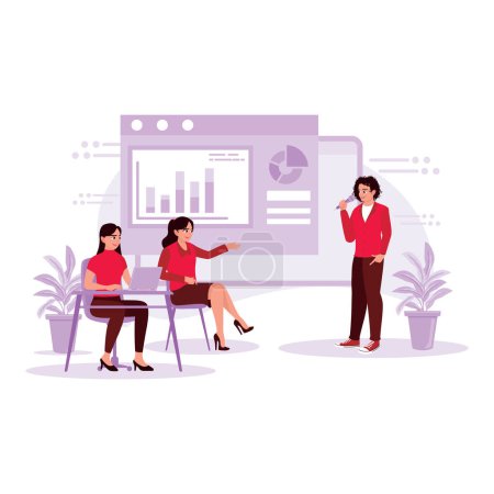 Illustration for The young male business manager presented using a mic in front of two female employees in a meeting. Trend Modern vector flat illustration. - Royalty Free Image