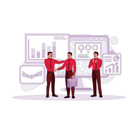 Illustration for Two young businessmen shaking hands over a business deal and an employee applauding. Background of business diagrams, charts, and statistics. Trend Modern vector flat illustration. - Royalty Free Image
