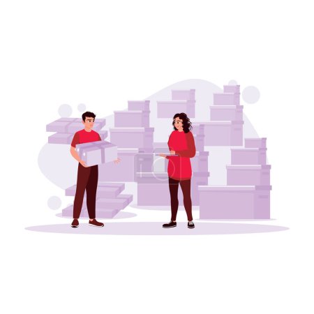 Illustration for Female warehouse manager giving information on the laptop to warehouse employee carrying package boxes. The warehouse is full of cardboard packages and ready to ship. Trend Modern vector flat illustration. - Royalty Free Image