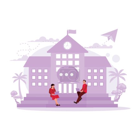 Illustration for Two students sat and worked on assignments on laptops in front of the university's main building. Trend Modern vector flat illustration. - Royalty Free Image
