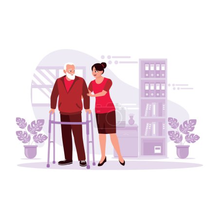 Ilustración de Retrato de una enfermera cuidando a pacientes de edad avanzada y ayudando a caminar con muletas. Tendencia Moderno vector ilustración plana. - Imagen libre de derechos
