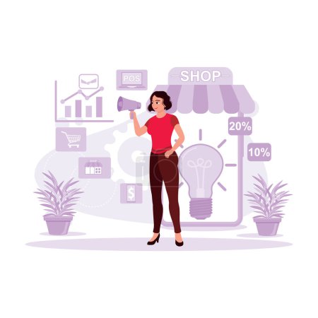 Illustration for Female retail entrepreneur talking on loudspeaker, announcing discounts, and having a bright idea. Trend Modern vector flat illustration. - Royalty Free Image
