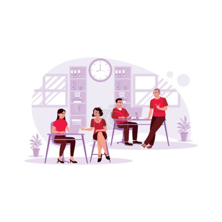 Illustration for There is a favorable situation between two female and two male colleagues sitting and talking in the office. Trend Modern vector flat illustration. - Royalty Free Image