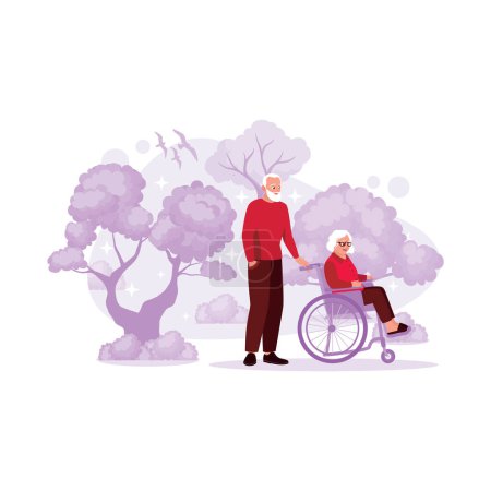Téléchargez les illustrations : Le couple âgé est ensemble dans le parc, et le grand-père pousse le fauteuil roulant de grand-mère. Tendance Illustration plate vectorielle moderne. - en licence libre de droit