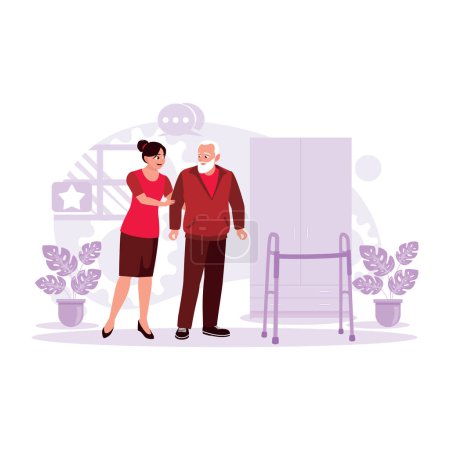 Illustration for Portrait of an old grandfather being helped to walk by a young nurse. Trend Modern vector flat illustration. - Royalty Free Image