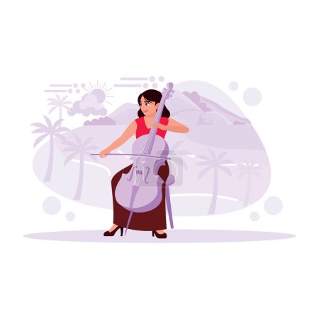 Illustration for The female cellist is stunning on the beach at sunset. Trend Modern vector flat illustration. - Royalty Free Image