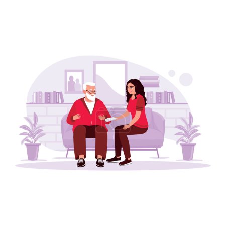 Illustration for Women from a community visit and register a grandfather at home. Trend Modern vector flat illustration. - Royalty Free Image